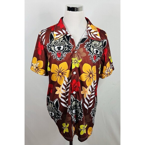 Chicago Wolves XL Hawaiian Shirt Brown Yellow Red Floral Gameday Promotion - Picture 2 of 5